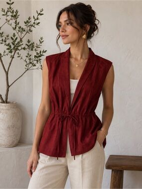 Suede-Look Sleeveless Drawstring Vest in deep orange